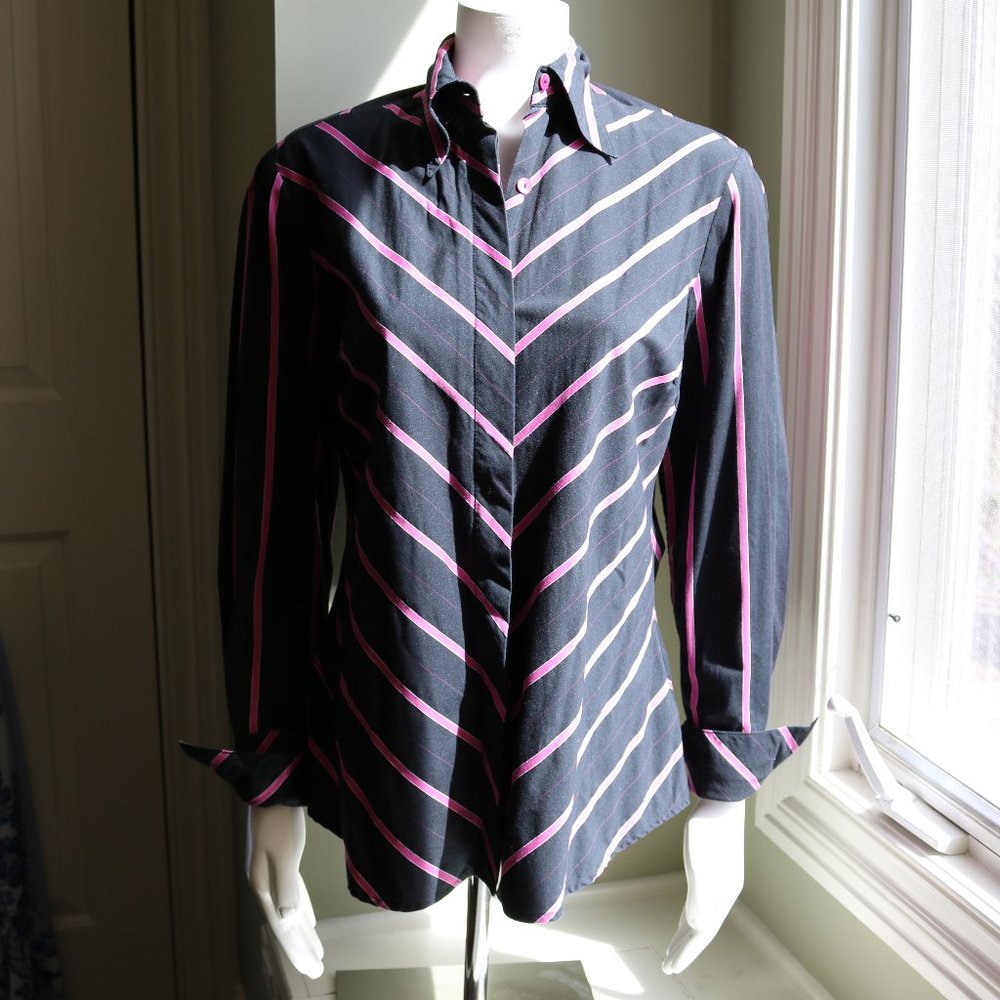 Vintage Farinaz Black and Pink Chevron Blouse Top 14